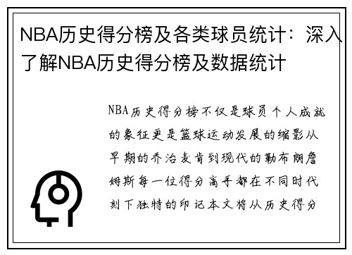 NBA历史得分榜及各类球员统计：深入了解NBA历史得分榜及数据统计
