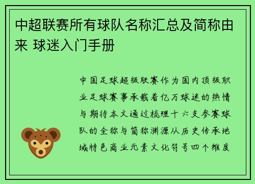 中超联赛所有球队名称汇总及简称由来 球迷入门手册