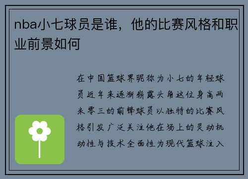 nba小七球员是谁，他的比赛风格和职业前景如何